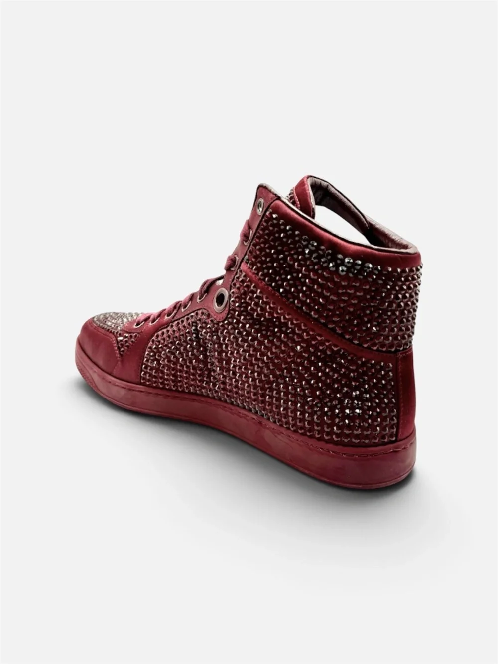 Gucci Burgundy Crystal Studded Satin Sneakers Men 5G US 7-7.5 NIB